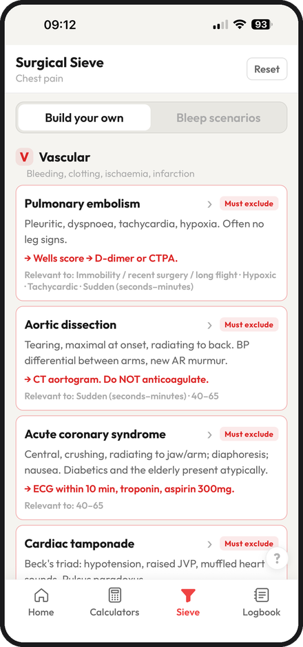 A VINDICATE differential for chest pain, with PE, aortic dissection and ACS flagged must-exclude