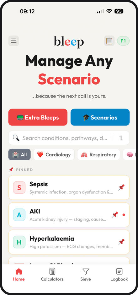 The bleep oncall home screen: a search box, specialty filters, and pinned conditions including sepsis, AKI and hyperkalaemia