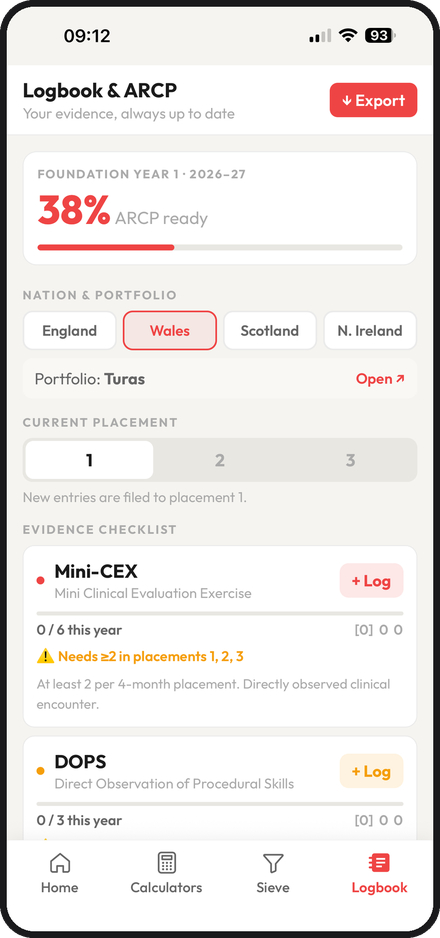 The ARCP logbook showing percentage ready, nation selection and an evidence checklist